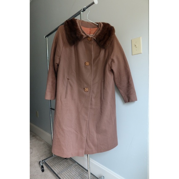 Vintage 60s Brown Wool Coat Real Fur‎ Collar Longline Button Front